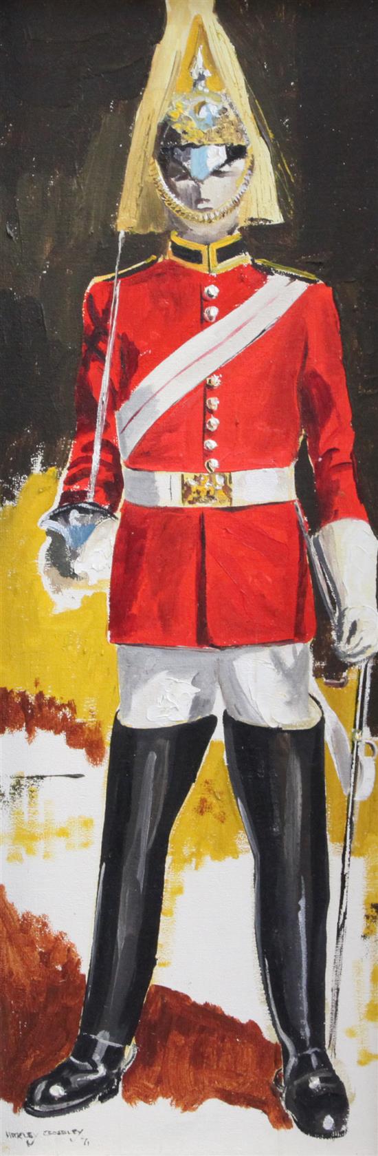 Harley Crossley (b.1936-) Guardsmen and a Beefeater, 23.5 x 8.5in.